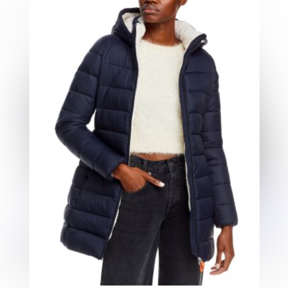 Save the Duck Women’s Navy Blue Long Puffer Parka Hooded Winter Coat Medium